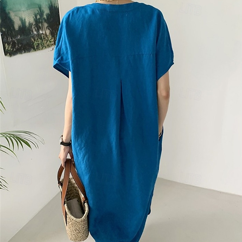 Per donna Abito Lungo Maxi Abito Abiti ispirati al lino Vestito Casual Abito in cotone e lino Elegante Casual Vacanza Quotidiano Data Vestibilità regolare Semplice Manica Corta Scollo a V Blu Estate del 2025 a $26.99 –P5