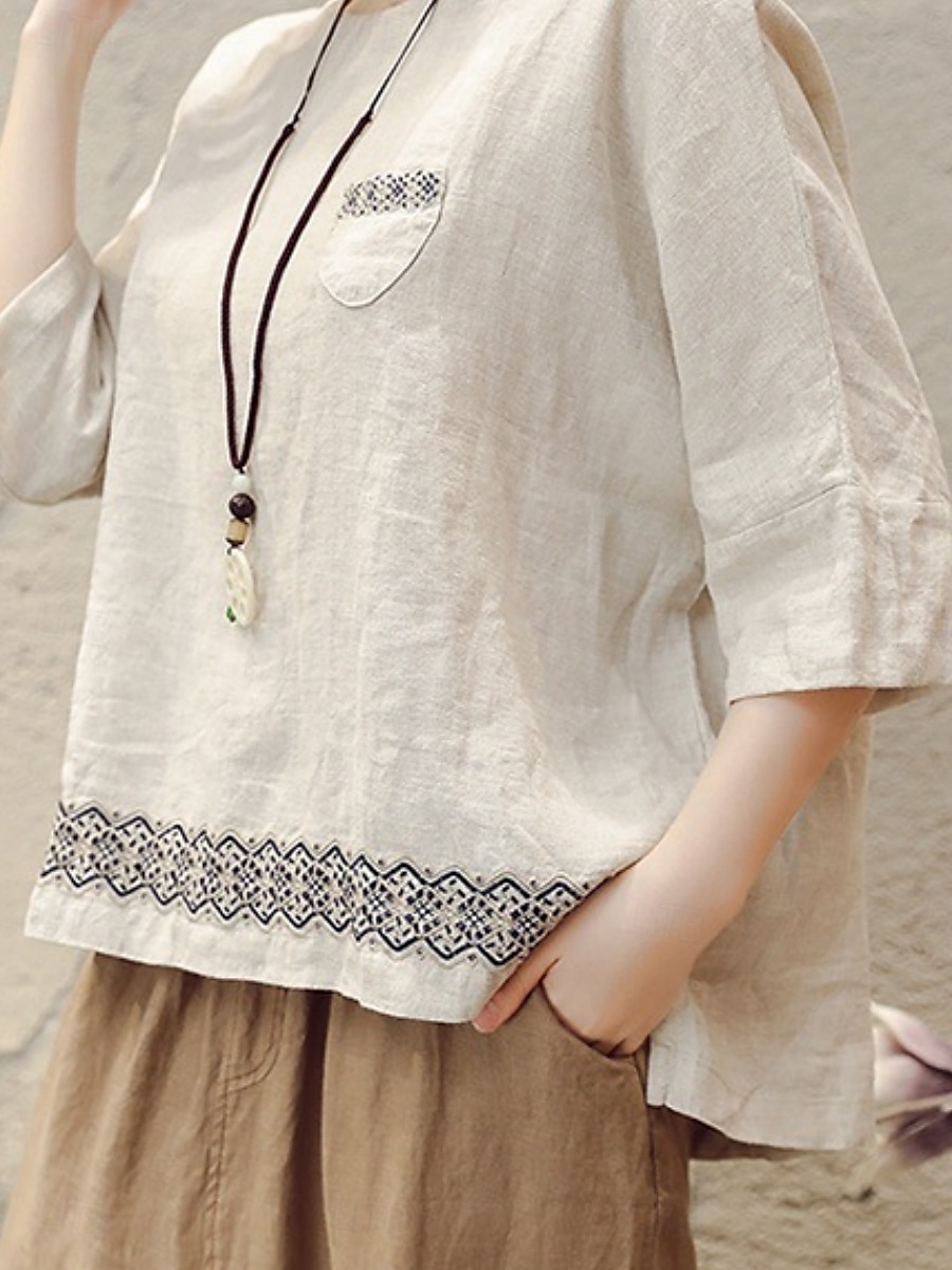 Damen Hemd Bluse Baumwoll-Leinen-Hemden Geometrisch Basic Lässig Dreiviertelarm Rundhalsausschnitt Normale Oberteile Täglich Patchwork Weiß Braun Grün Sommer Frühling 2025 - $21.99 –P4