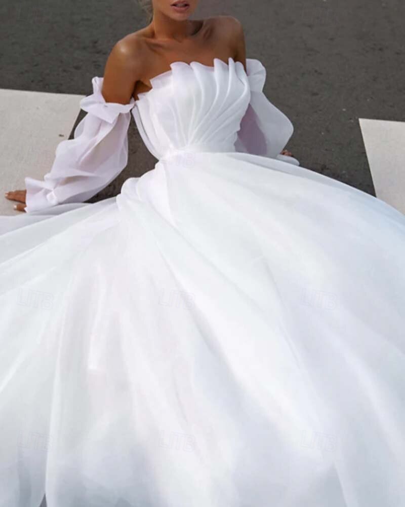Strandbröllopsklänningar A-Linjeformad Off Shoulder Med Avtagbar Ärmar Golvlängd Organza Bröllopssuits Bröllopsklänningar Med Fållar 2025 - $238.99 –P4
