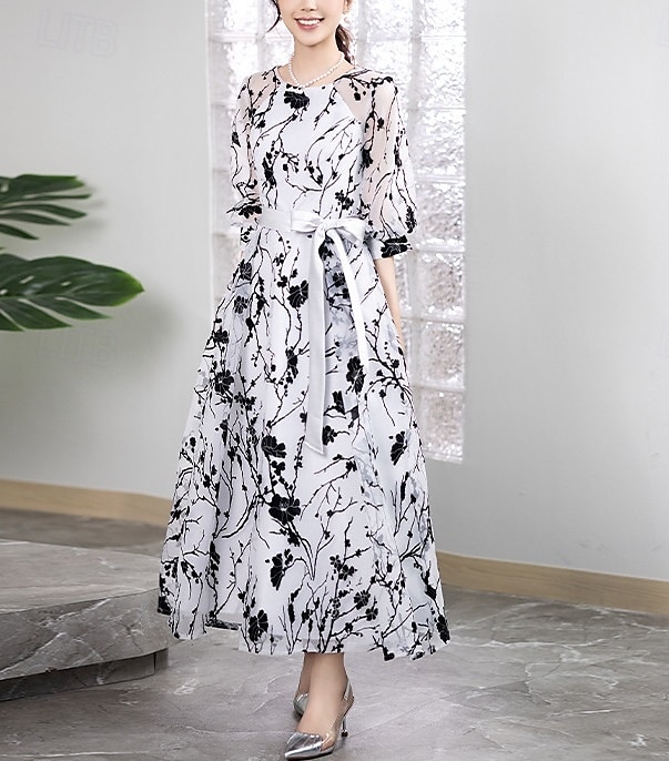 A-Linien-Kleid, formelles, elegantes Vintage-Kleid für die Mutter der Braut, durchsichtiger Rundhalsausschnitt, knöchellang, Chiffon, halbe Ärmel mit Spitzenstickerei 2025 2025 - $110.99 –P5