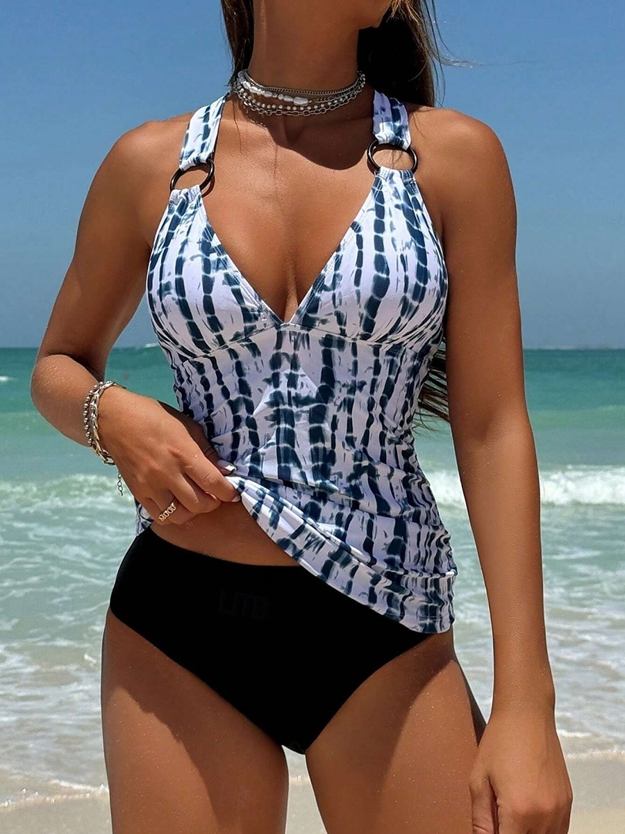 Dame Badetøy Tankini 2 stk Frekk Badedrakt Åpen rygg Høy Midje Ferie Strand Klær Batikkfarget V-hals Ermeløs Badedrakter 2025 - $25.99 –P1