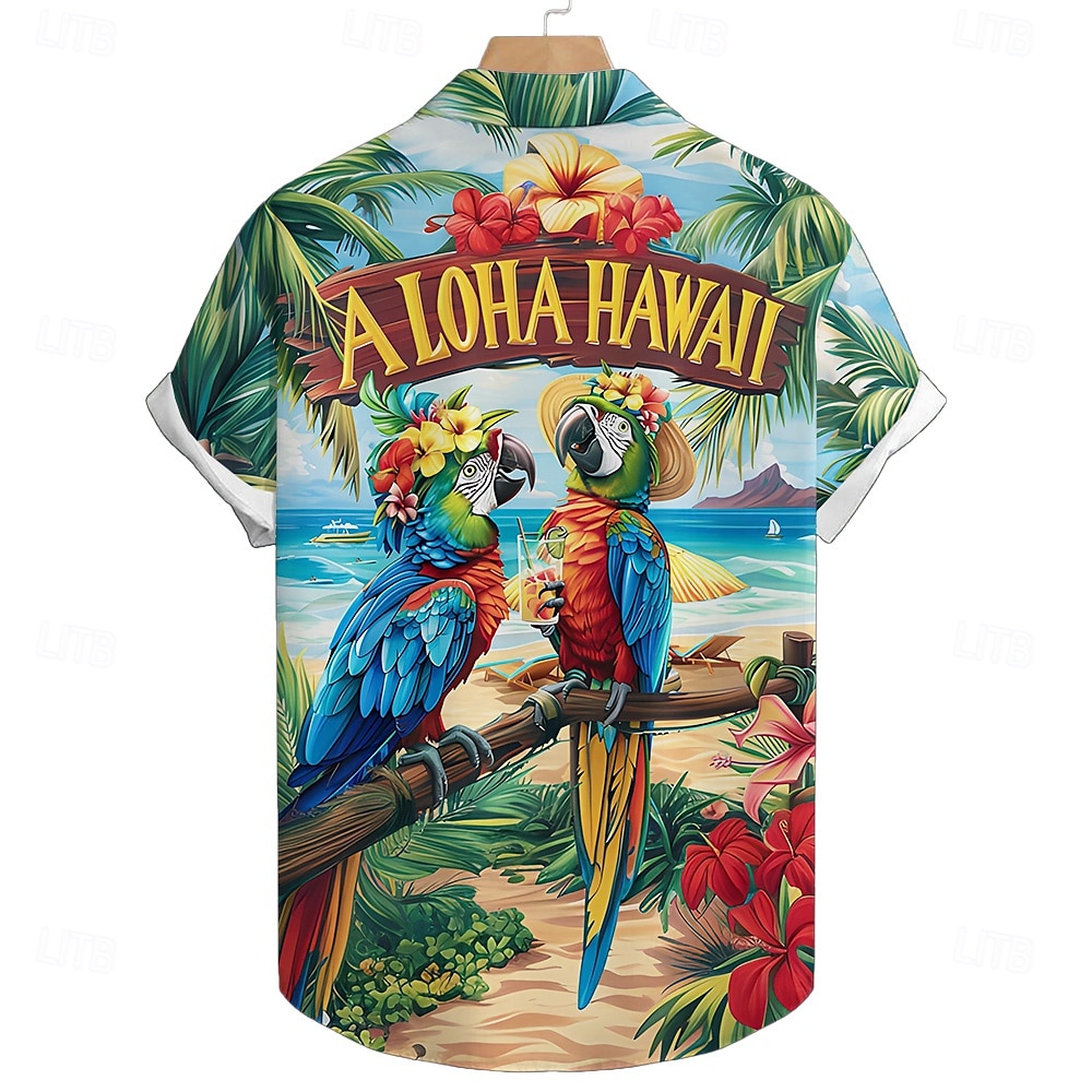Men's Bird Parrot Floral&Plants Summer Hawaiian Shirt Aloha Shirt Short Sleeve Hawaiian Resort Vacation Holiday Beach Wear Summer Spring Turndown Button Up Blue 2025 - $23.99 –P2
