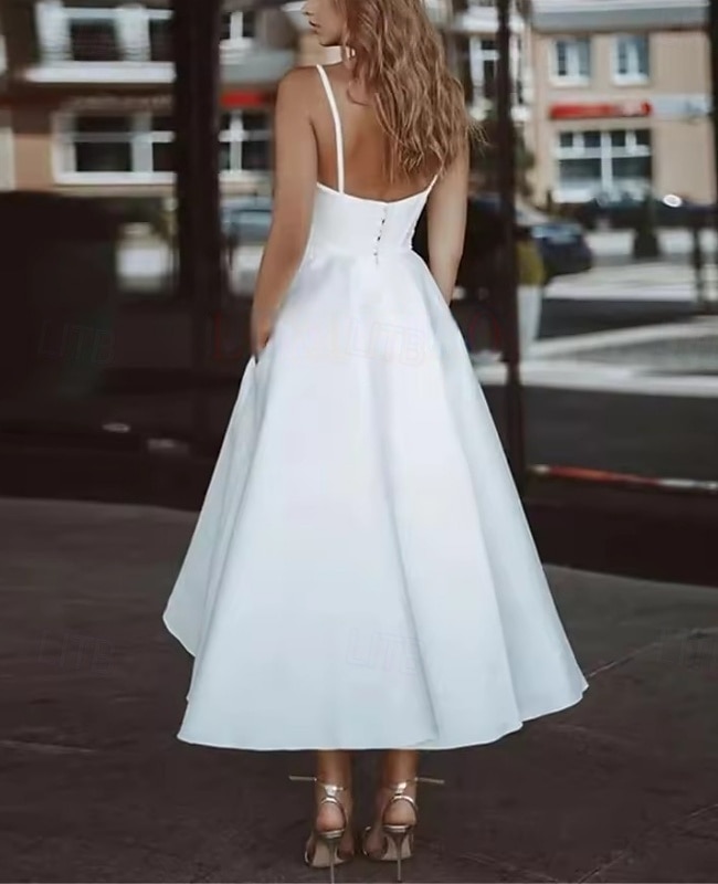 Abiti bianchi per fidanzamento o laurea abiti da matrimonio A-Line spalline sottili senza maniche lunghezza alla caviglia abiti da sposa in raso con arricciature del 2025 a $155.99 –P2