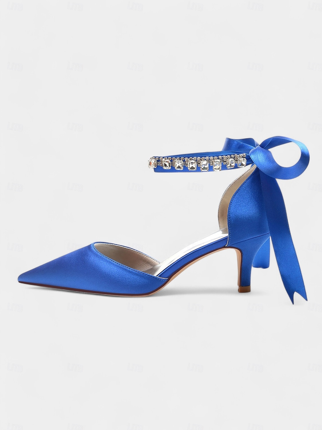 Blue Satin Pointed-Kitten Heels with Rhinestone Ankle Strap and Bow Tie - Elegant Wedding or Evening Shoes 2025 - $64.99 –P3