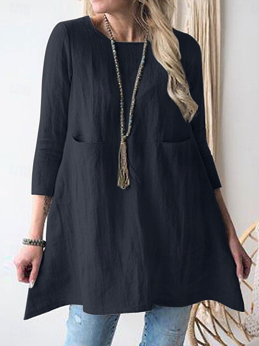Damen Minikleid Baumwoll-Leinen-Kleider Freizeitkleid Stilvoll Basic Lässig Urlaub Täglich Lässiger Schnitt Einfach Dreiviertelarm Rundhalsausschnitt Grün Khaki Dunkelblau Sommer Frühling Herbst 2025 - $16.99 –P17