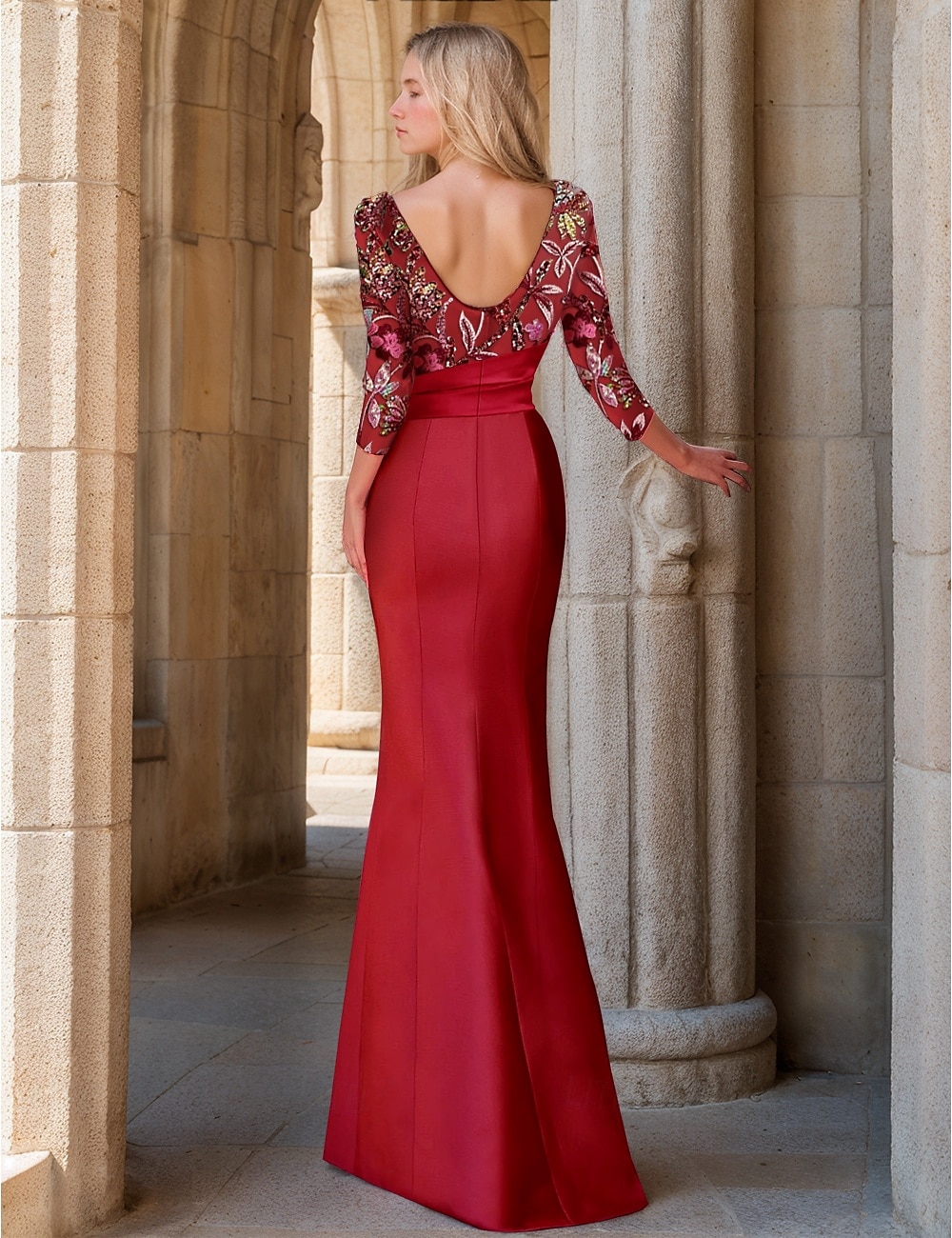 Floral Beaded Evening Gown Elegant Dress Carnival Formal Floor Length 3/4 Length Sleeve Boat Neck Satin with Ruffles Slit 2025 - $173.99 –P2