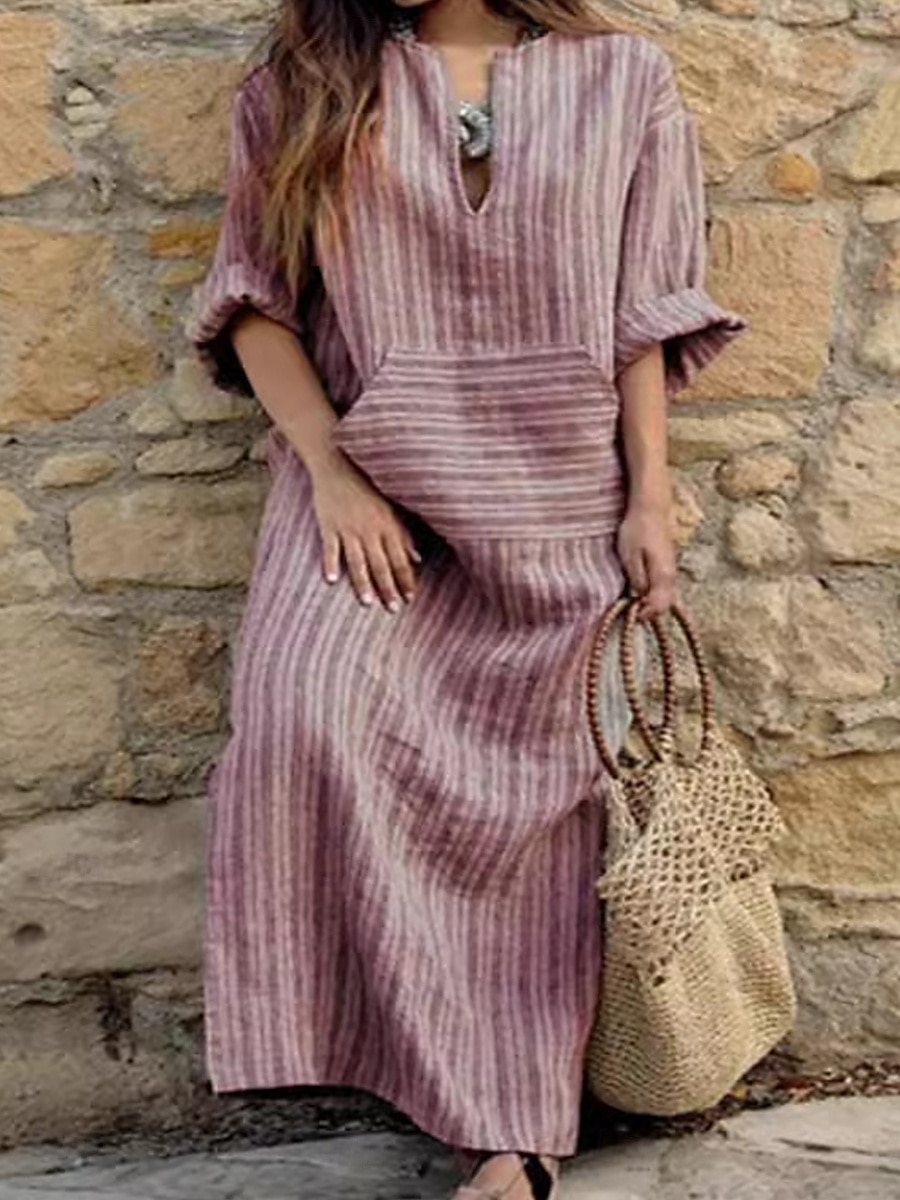 Damen Normal Maxikleid Baumwoll-Leinen-Kleider Vintage-Kleid Stilvoll Lässig Arbeit Täglich Lässiger Schnitt Gestreift Langarm V Ausschnitt Rote Grün Grau Frühling Herbst 2025 - $22.99 –P4
