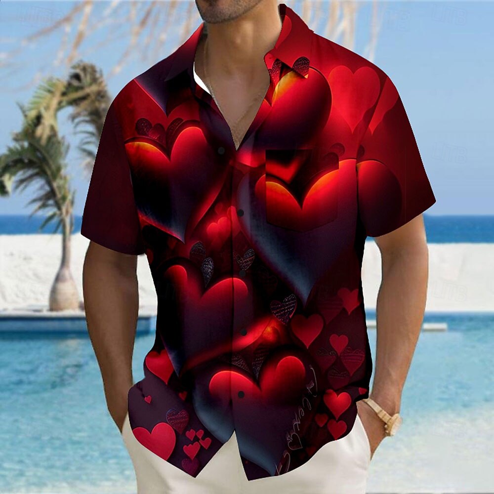 Valentinstag Herren Herz Liebe Farbverlauf Hemd Knopfhemd Kurzarm Modisch lässig Urlaub Geschenk Festtage Sommer Herbst Umlegekragen 3D-Druck Violett Dunkelrot Blau 1# Rote Helles Schwarz 2025 - $23.99 –P5