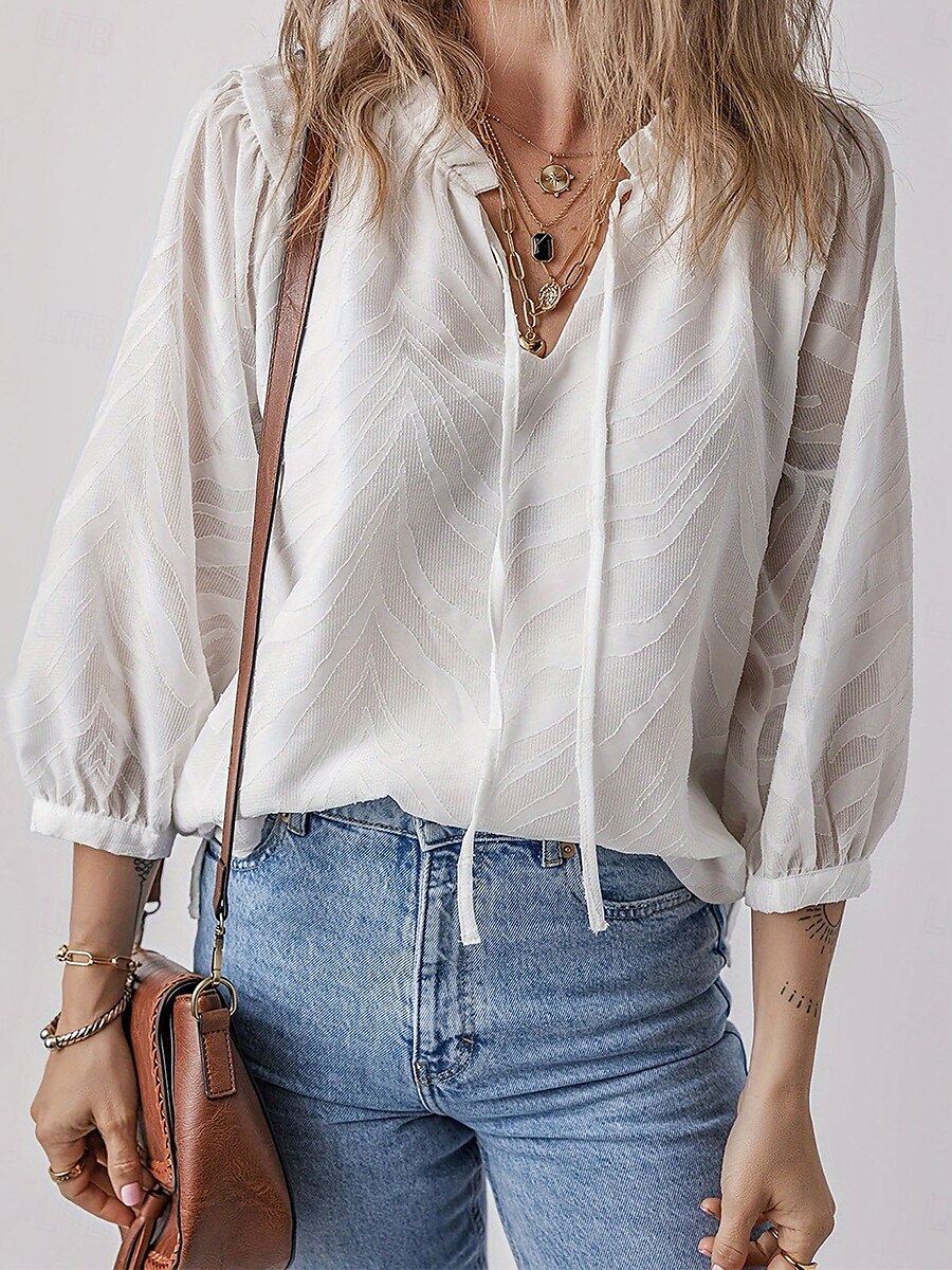 Per donna Camicia Blusa Liscio Moda Informale Manica lunga A V Top regolari Giornaliero Collage Bianco Primavera Autunno del 2025 a $28.99 –P1
