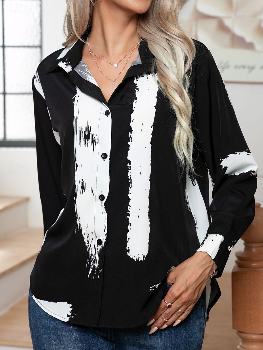 Pentru femei Cămașă Bluză Geometric Zilnic Modern Casual Manșon Lung Guler Cămașă Topuri obișnuite Muncă Zilnic Nasturi Negru Alb Vară Primăvară 2025 - $21.99 –P4