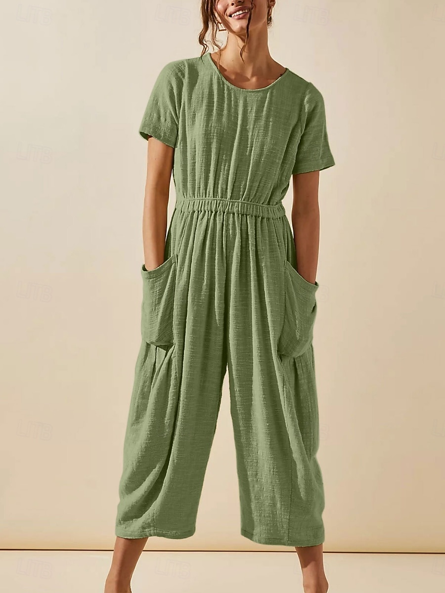 2026年 女性用 標準 ジャンプスーツ 活発的 純色 半袖 ラウンドネック ポケット バケーション 日常 レギュラー ホワイト グリーン カーキ色 夏  コレクション – $58.99 –P3