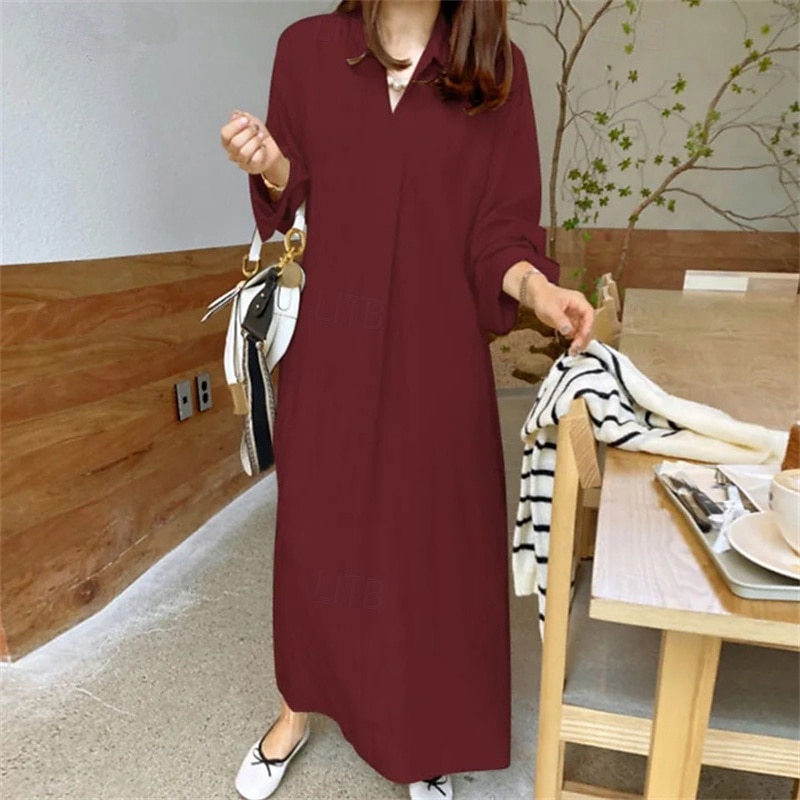 Dam Långklänning Maxiklänning Linneinspirerade klänningar Vardagsklänning Stylish Ledigt Semester Dagligen Datum Normal Slät Långärmad Kavajslag Svart Vin Kaki Armégrön Sommar Vår 2025 - $26.99 –P10