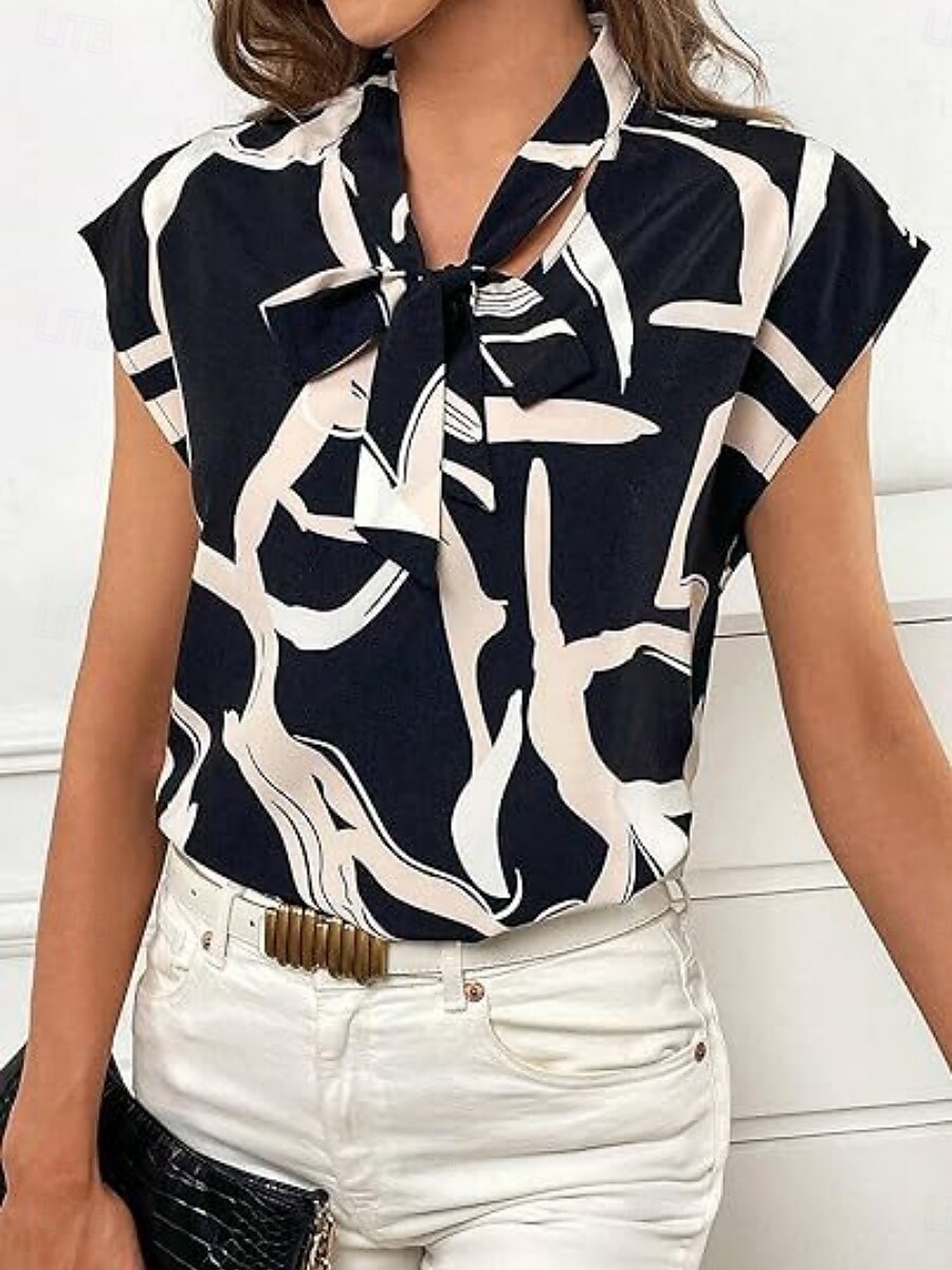 Per donna Camicia Blusa Pop art Moda Informale Manica corta A V Top regolari Giornaliero Stampa Con fiocco Nero Bianco Estate del 2025 a $21.99 –P3