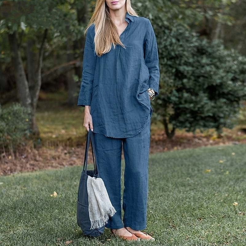 Per donna Moda Streetwear Camicie di cotone e lino Set di biancheria in cotone Set di Pantaloni Manica Lunga Colletto a Camicia Semplice Abbigliamento quotidiano Data Blu Verde Grigio Estate del 2025 a $38.99 –P4