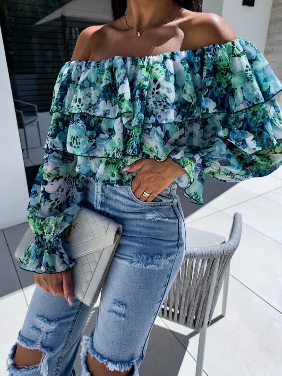 Per donna Camicia Blusa Floreale A foglia Moda Informale Manica lunga Senza spalline Top regolari Giornaliero Con balze Stampa Giallo Rosa Viola Verde Estate Primavera del 2025 a $27.99 –P9