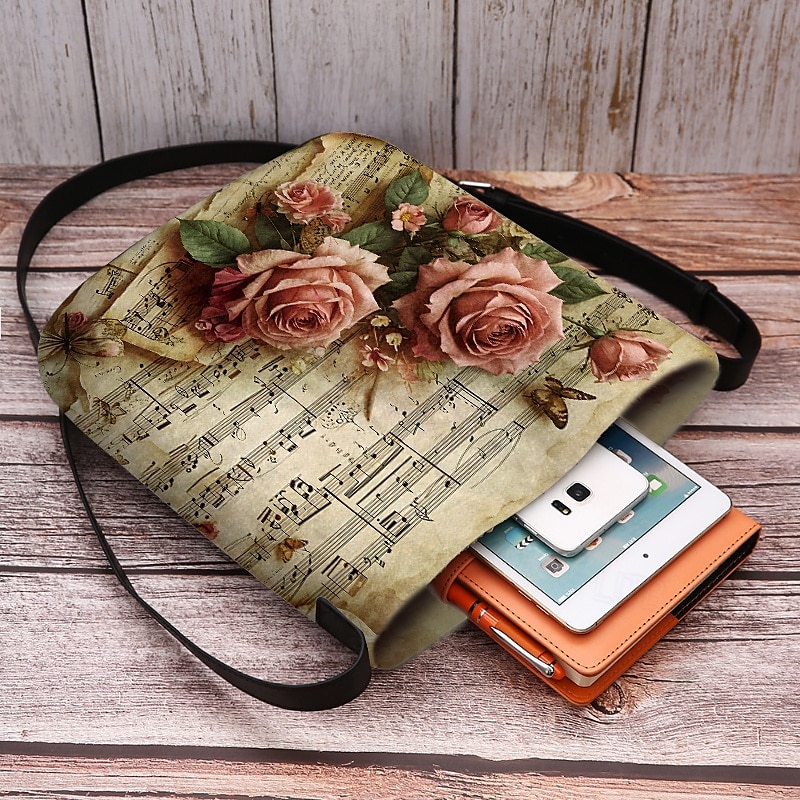 vintage kukkakuvioinen nuottiolkalaukku naisille – taiteellinen ruusukuvioinen crossbody-laukku, täydellinen rentoihin retkiin, ostoksille ja jokapäiväiseen käyttöön 2025 - $24.99 –P3
