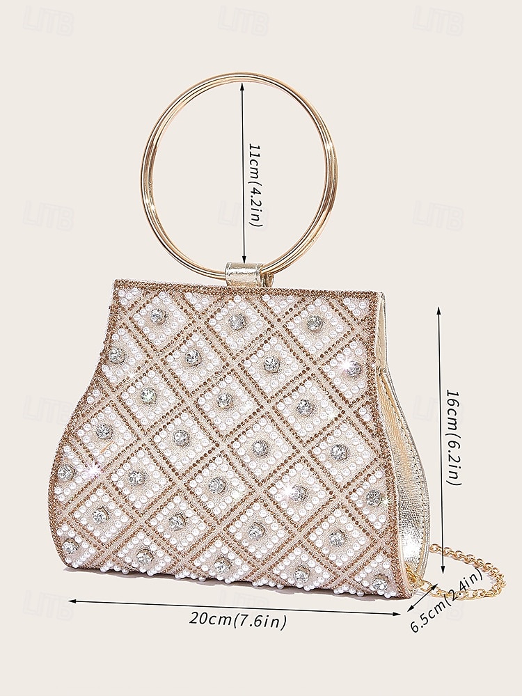 Women's Rhinestone Embellished Evening Clutch Bag – Elegant Handbag with Gold Ring Handle and Chain Strap for Weddings and Parties Color Silver Black / White Black 2025 - $32.99 –P4