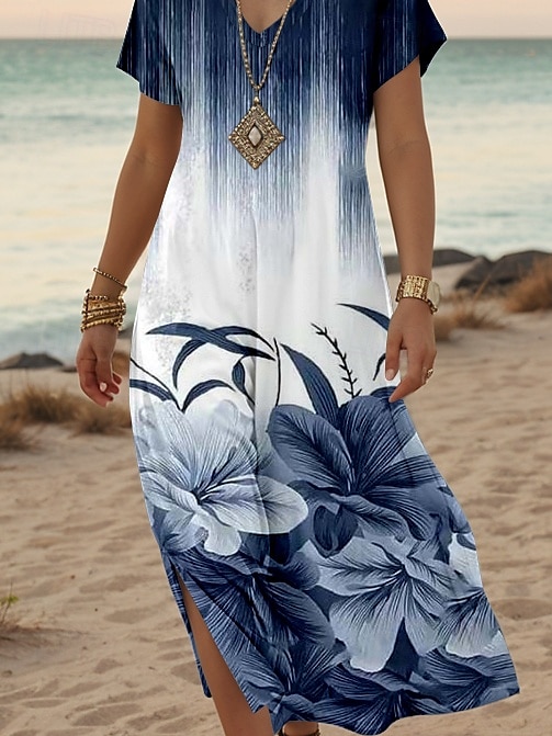 Femmes Robe maxi Robe Décontractée Robe Maxi Robe d'Été Robe fourreau Élégant Occasionnel Épaules tombantes Vacances Quotidien Coupe régulière Fleuri Manche Courte Col en V bleu marine Printemps de 2025 ? $28.99 –P3