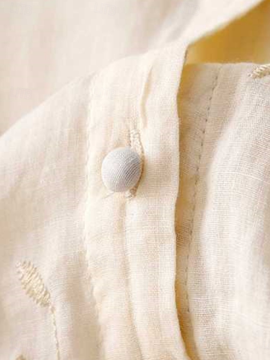 Damen Hemd Baumwoll-Leinen-Hemden Knopfleiste Bluse Blumen Basic Lässig Dreiviertelarm Hoher Ausschnitt Normale Oberteile Täglich Bestickt Knöpfe Gelb Purpur Grün Beige Sommer Frühling Herbst 2025 - $27.99 –P10