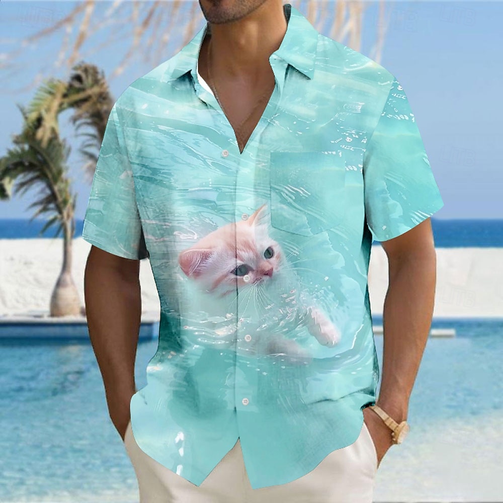 Homme Chat Illusion d'optique Vagues Chemise Chemise Boutonnée Manche Courte Mode Décontractée Vacances Fête Tenue de plage Été Automne Col Rabattu Impression 3D chemises à col Une poche avant Bleu de 2026 ? $25.99 –P6