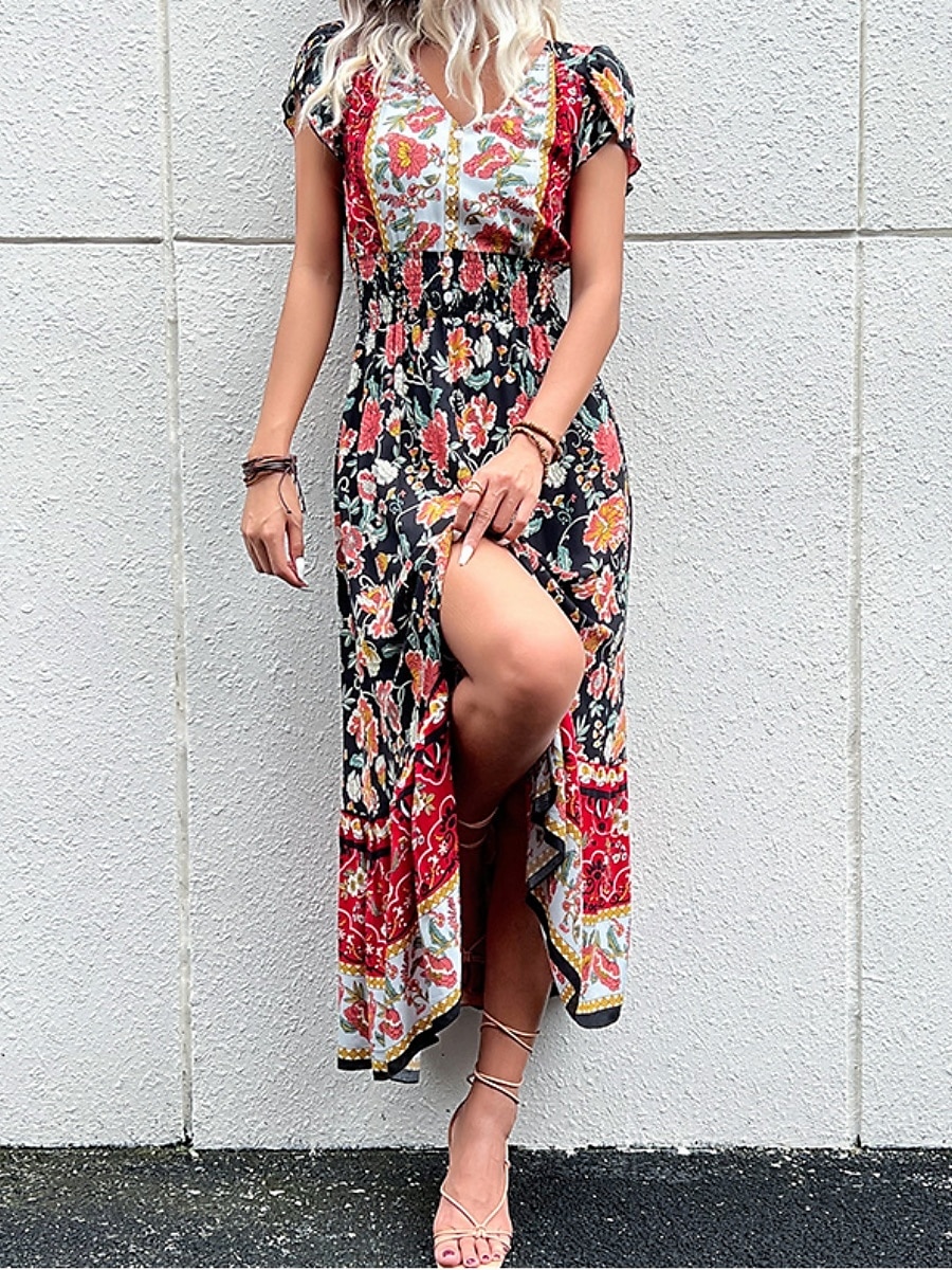 Dam Maxiklänning Vardagsklänning Swingklänning Boho Chic klänningar A linjeklänning bohemliv Stylish Ledigt Semester Dagligen Strand Lös passning Blommig Kortärmad V-hals Svart Rubinrött Sommar Vår 2025 - $33.99 –P3
