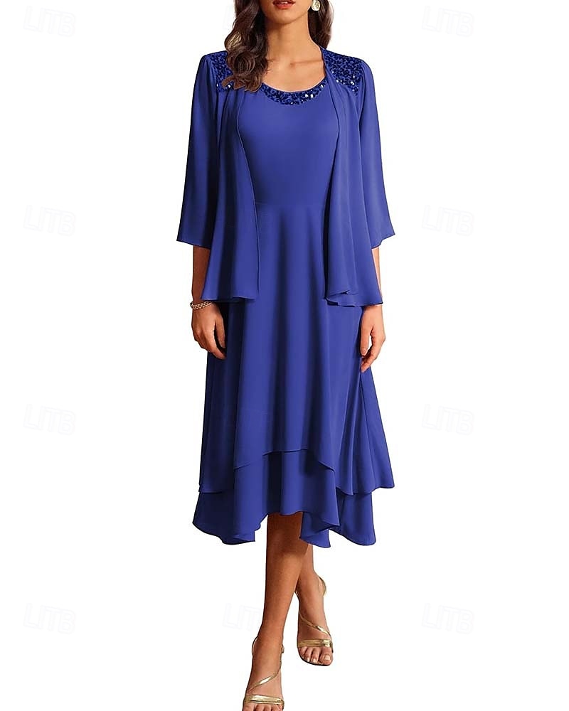 Zweiteiliges Mutter der Braut Kleid Formale Hochzeitsgast Elegantes Vintage Rundhals Tee Länge Chiffon Halblange Ärmel Jacke Kleider mit Pailletten Cascading Rüschen 2025 - $169.99 –P5