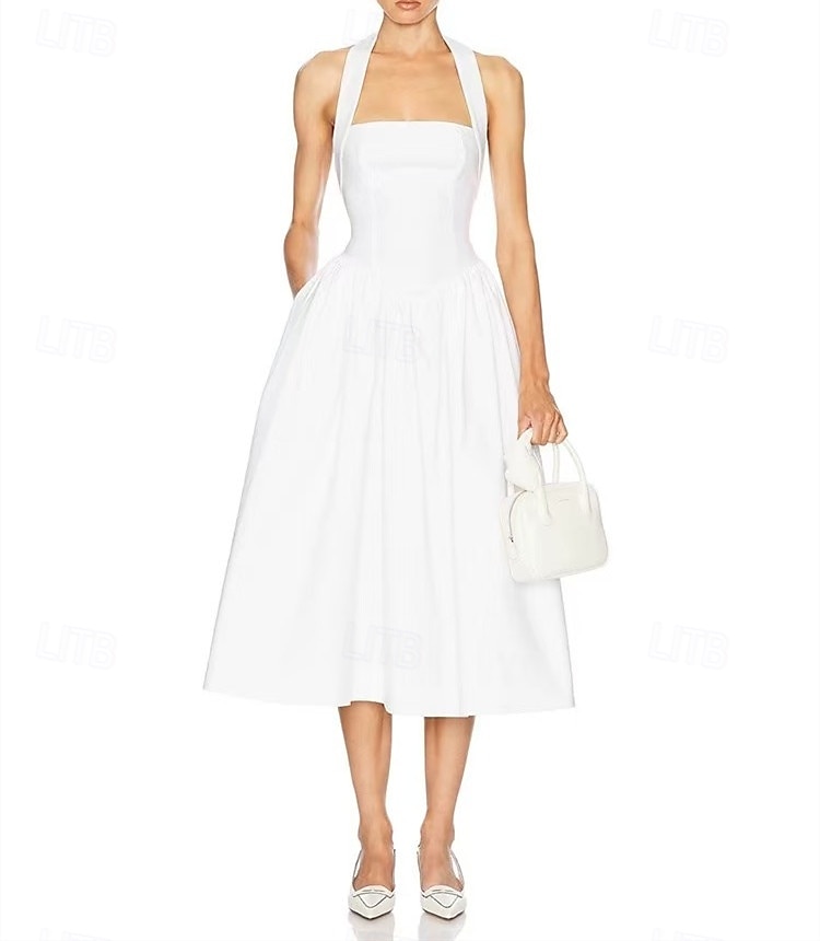 Spiaggia Piccola Laurea Abiti Bianchi Abiti da Sposa Neri A-Line Collo Halter Senza Maniche Lunghezza Tè Abiti da Sposa in Jersey con Pieghe Drappeggio 2025 del 2025 a $187.99 –P1