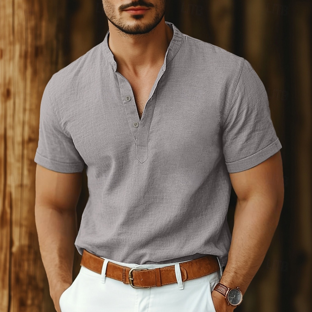 Per uomo Camicia camicia di lino Camicia con colletto a fascia Camicia popover Camicia estiva Abbigliamento mare Liscio Da mare Informale Nero Bianco Rosa Blu marino Manica corta Henley Estate del 2025 a $25.99 –P6
