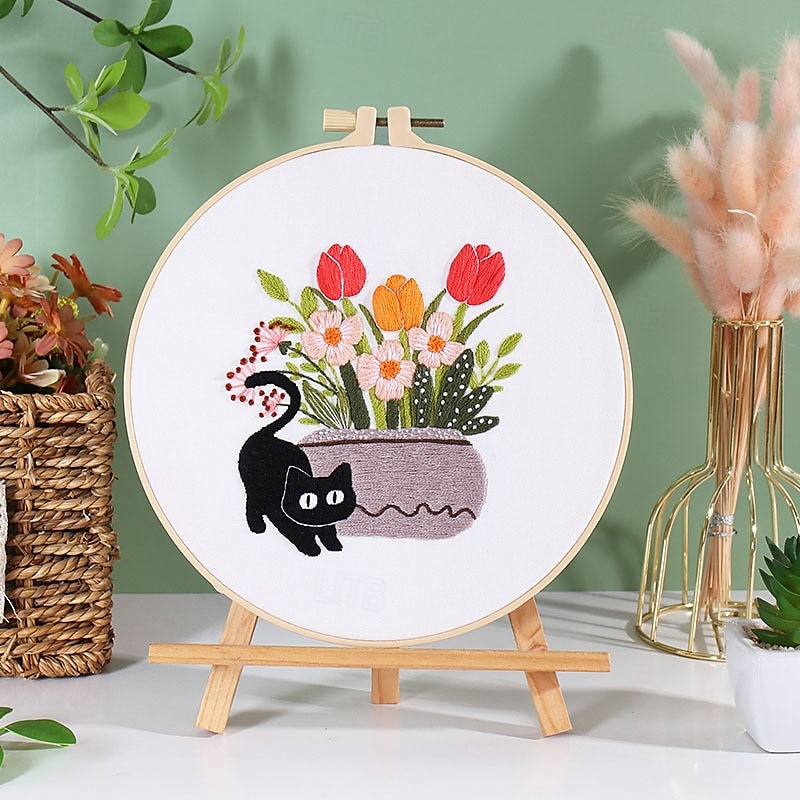 simpatico kit di ricamo a forma di gatto per principianti adulti, kit di punto croce timbrato per principianti include telai per ricamo a punto croce, aghi, fili e istruzioni del 2025 a $7.99 –P9