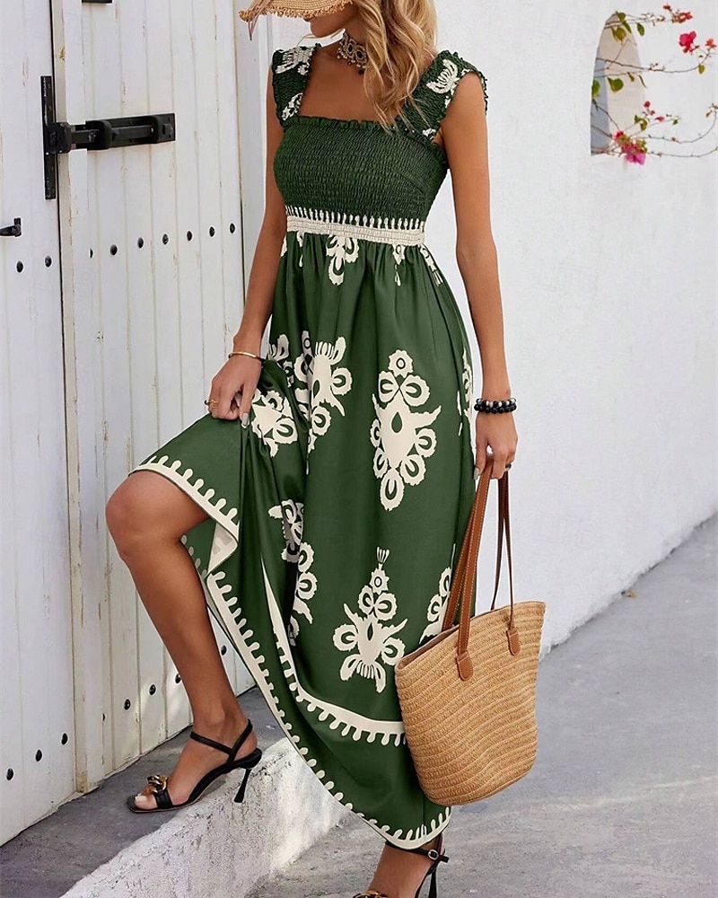 Femme robe longue Robe casual Robe Trapèze Robe d'été robe boheme Bohême Hawaïen mode Vacances du quotidien Rendez-vous Standard Graphic Sans Manches Col Carré Noir Rose Claire Rouge Vert Eté de 2025 ? $23.99 –P18
