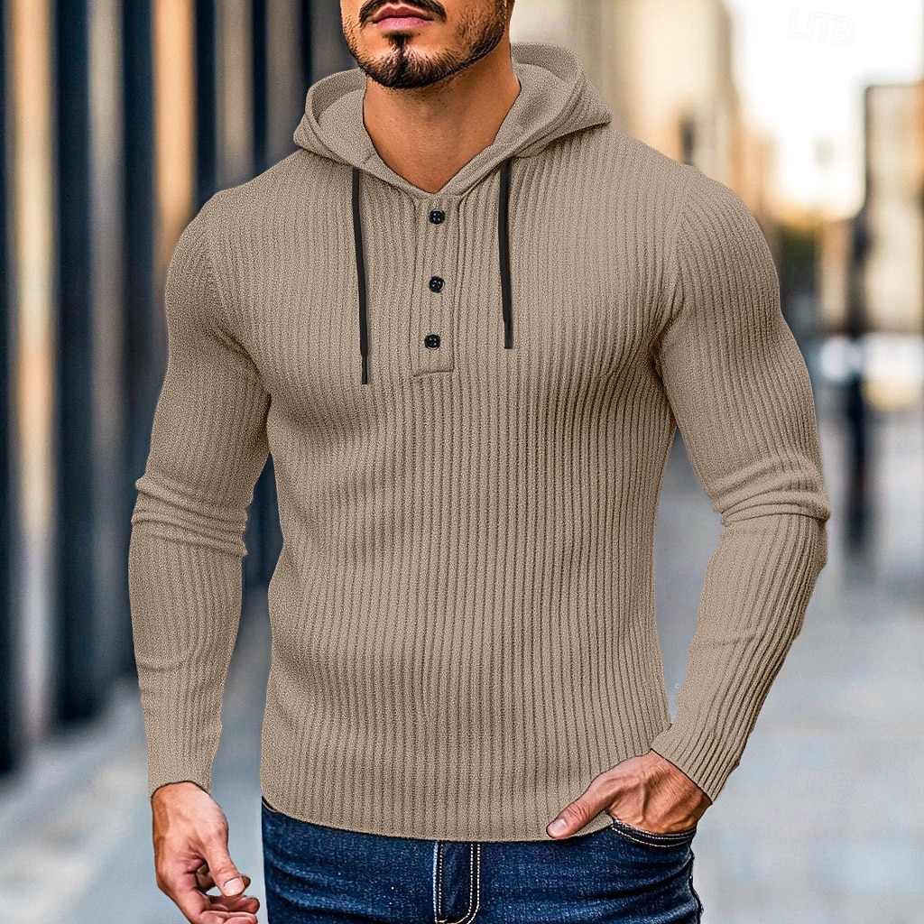 Herr Ribbstickad t-shirt T-tröja Långärmad tröja Långärmad Huva Henley Vår & Höst Ensfärgat Dagligen Ledigt Gatustil Huva Utomhus Gata Casual Ljusblå Svart Vit Topp t-shirt för män 2025 - $22.99 –P8
