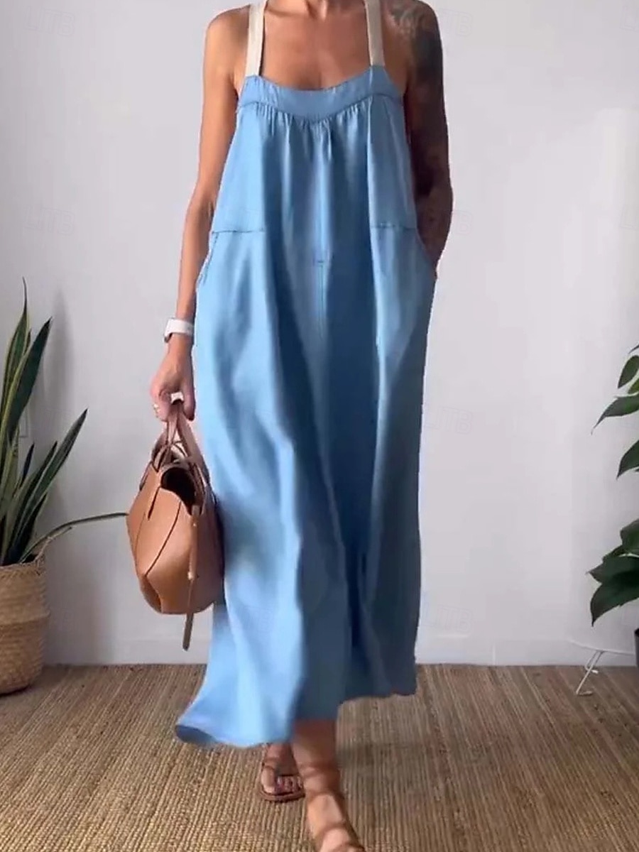 Damen Maxikleid Baumwoll-Leinen-Kleider Freizeitkleid Basic Lässig Urlaub Täglich Normale Passform Einfach Ärmellos U-Ausschnitt Schwarz Weiß Blau Khaki Sommer 2025 - $26.99 –P4