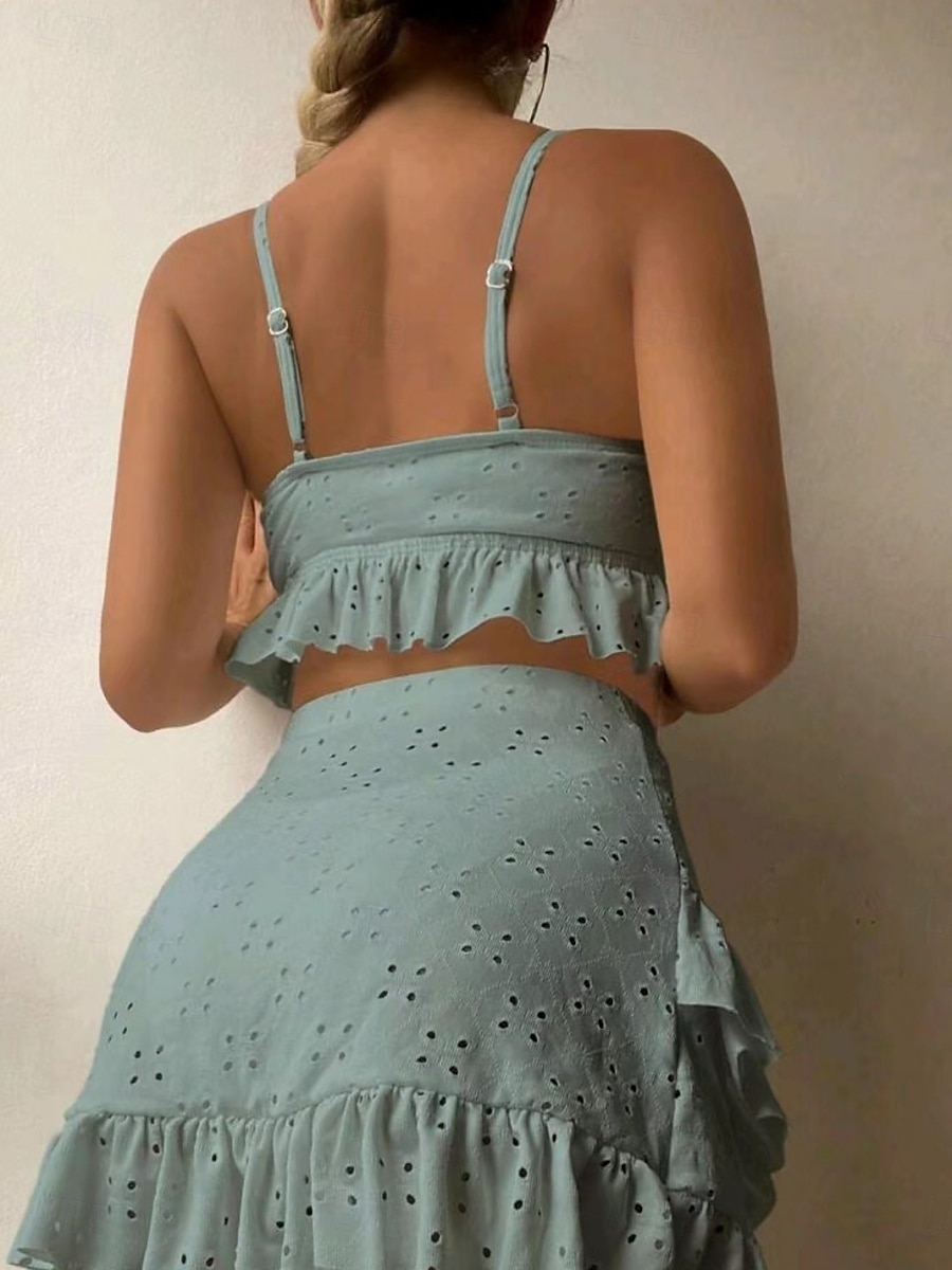 Dam Badkläder Bikini Tre delar Kjol Baddräkt Öppen rygg Smal Semester Standkläder Ensfärgat V-hals Ärmlös Baddräkter 2025 - $31.99 –P2