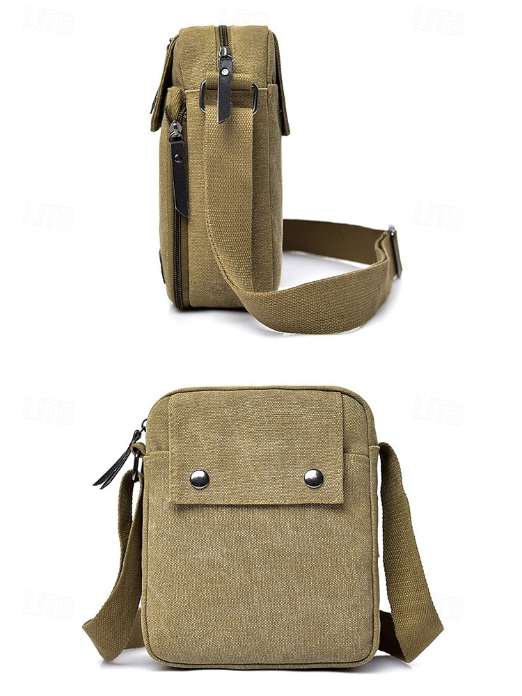 męska płócienna torba typu crossbody – wielokieszeniowa, vintage'owa, z regulowanym paskiem, idealna do podróży, pracy lub codziennego użytku, kolor czarny khaki, kawa 2025 - $19.99 –P2