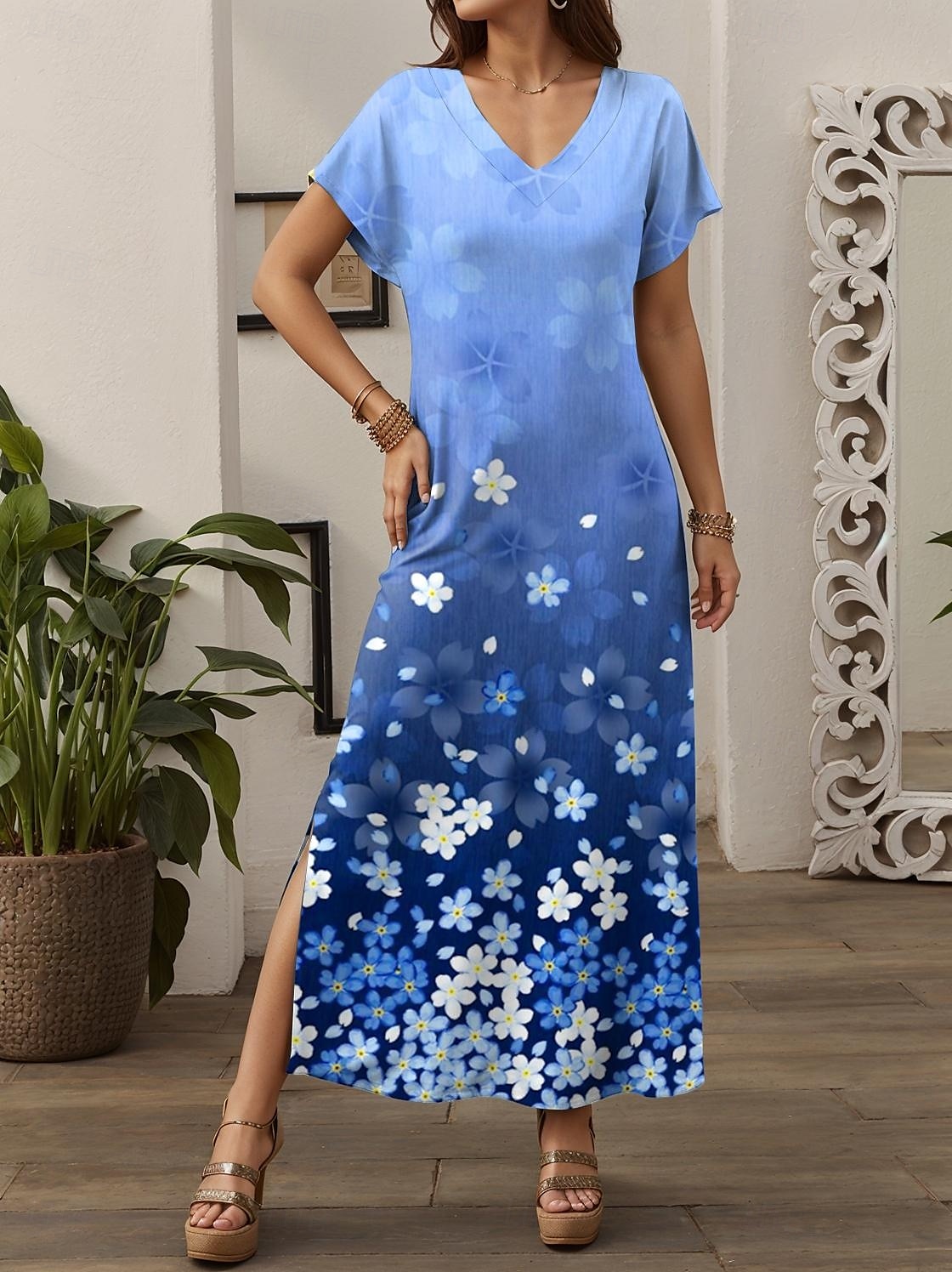 Women's Maxi Dress Sundress Shift Dress Stylish Casual Drop Shoulder Vacation Daily Regular Fit Floral Short Sleeve V Neck Blue Spring Fall 2025 - $28.99 –P2