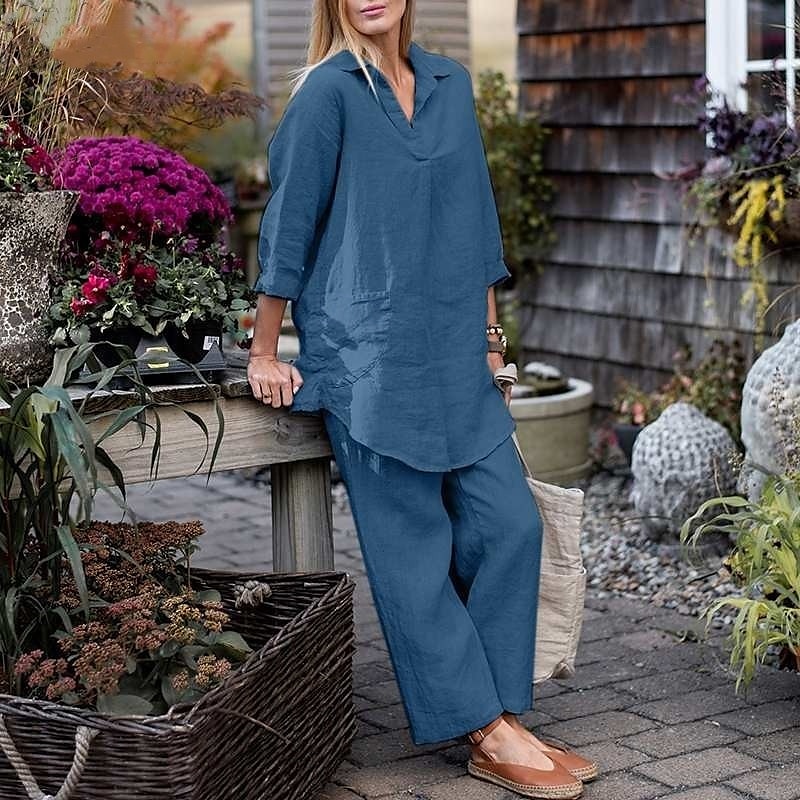 Per donna Moda Streetwear Camicie di cotone e lino Set di biancheria in cotone Set di Pantaloni Manica Lunga Colletto a Camicia Semplice Abbigliamento quotidiano Data Blu Verde Grigio Estate del 2025 a $38.99 –P6