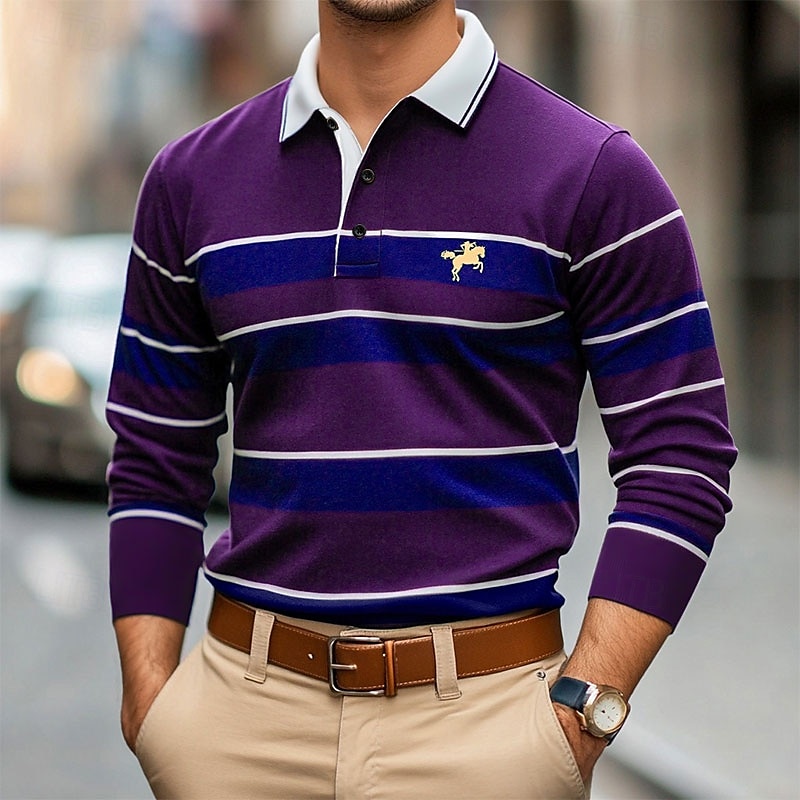 Men's Solid Color Rugby Polo Shirts Golf Polos Shirts Long Sleeve Polo Shirts Lapel Classic Fashion Basic Modern Casual Sports Logo Fall Winter Burgundy Navy Blue Purple 2025 - GBP £22 –P4