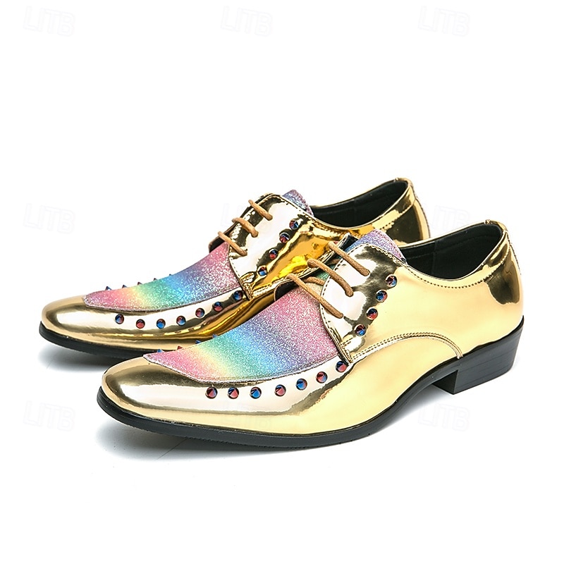 נעלי אוקספורד דמוי עור זהב לגברים עם נצנצים קשת בענן ופרטים משובצים - נעלי סטייטמנט למסיבות, חתונות ואירועים מיוחדים 2026 - $59.99 –P1