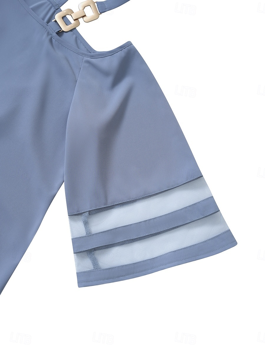 Damen Hemd Bluse Glatt Stilvoll Brautkleider schlicht 3/4 Ärmel kalte Schulter Normale Oberteile Täglich Patchwork Schwarz Blau Sommer Frühling 2025 - $27.99 –P16