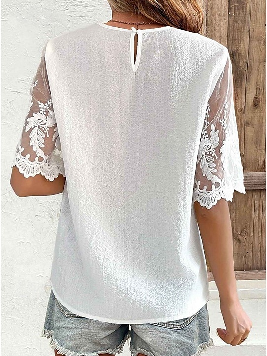 Top in pizzo bianco elegante da donna con occhiello top regolari quotidiani maniche corte girocollo pizzo regolare quotidiano uscita romantica top petite estivi per le vacanze bianco estate del 2025 a $21.99 –P2