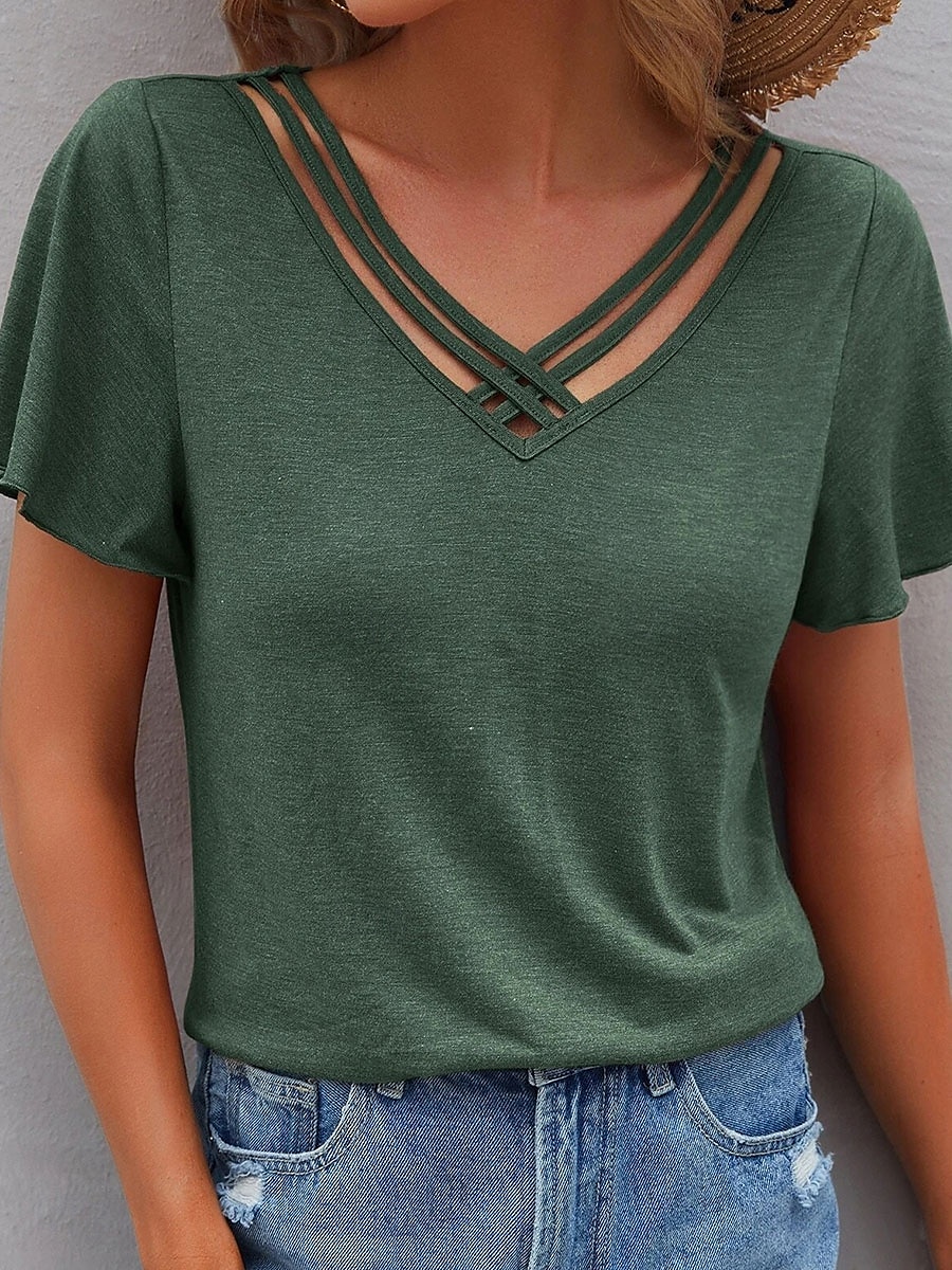 Femme T shirt Plein Mode Moderne Décontractées Manche Courte Col V Hauts réguliers du quotidien Fin de semaine Noir Vert Véronèse bleu marine Violet Eté Printemps de 2025 ? $21.99 –P1