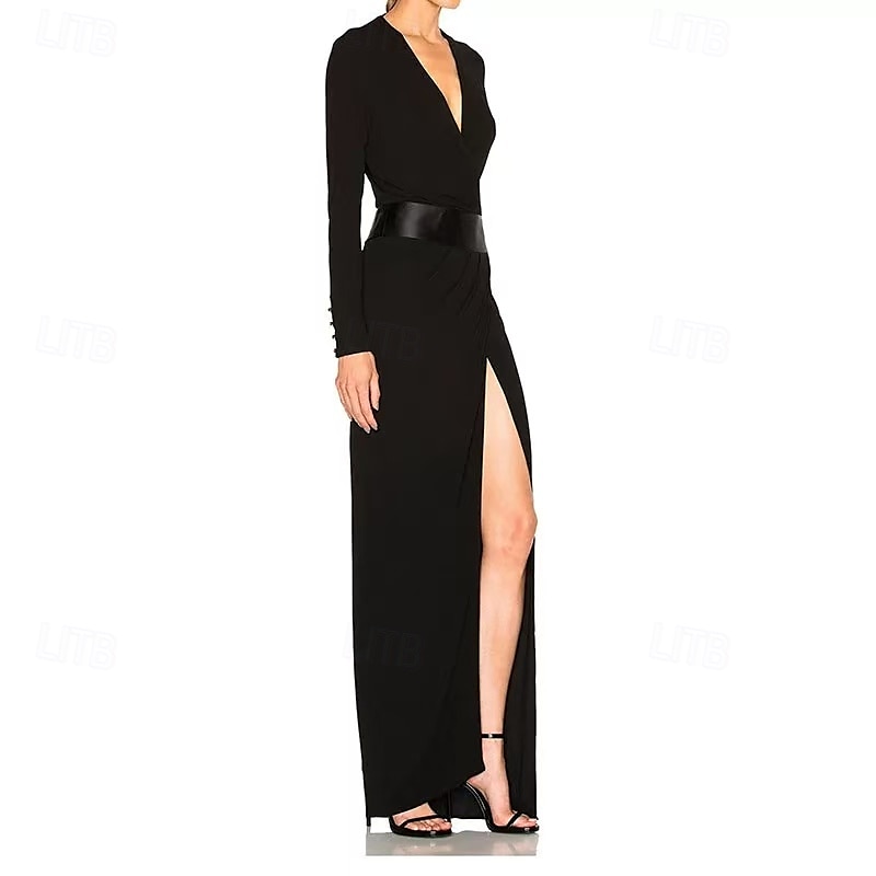 Glockenkleid  Säulenkleid Abendkleid Partykleid Abendparty Black Tie Gala Bodenlang Lange Ärmel V-Ausschnitt Gürtel  Schärpe Baumwollmischung Rückenschnitt mit Faltenraffung Schlitz 2025 - $169.99 –P3