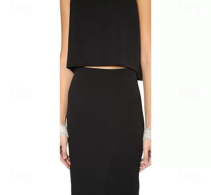 Robe de soirée deux pièces sirène  trompette élégante soirée gala cravate noire longueur complète sans manches col ras du cou mélange de coton sans dos avec fente et frange de 2025 ? $151.99 –P4