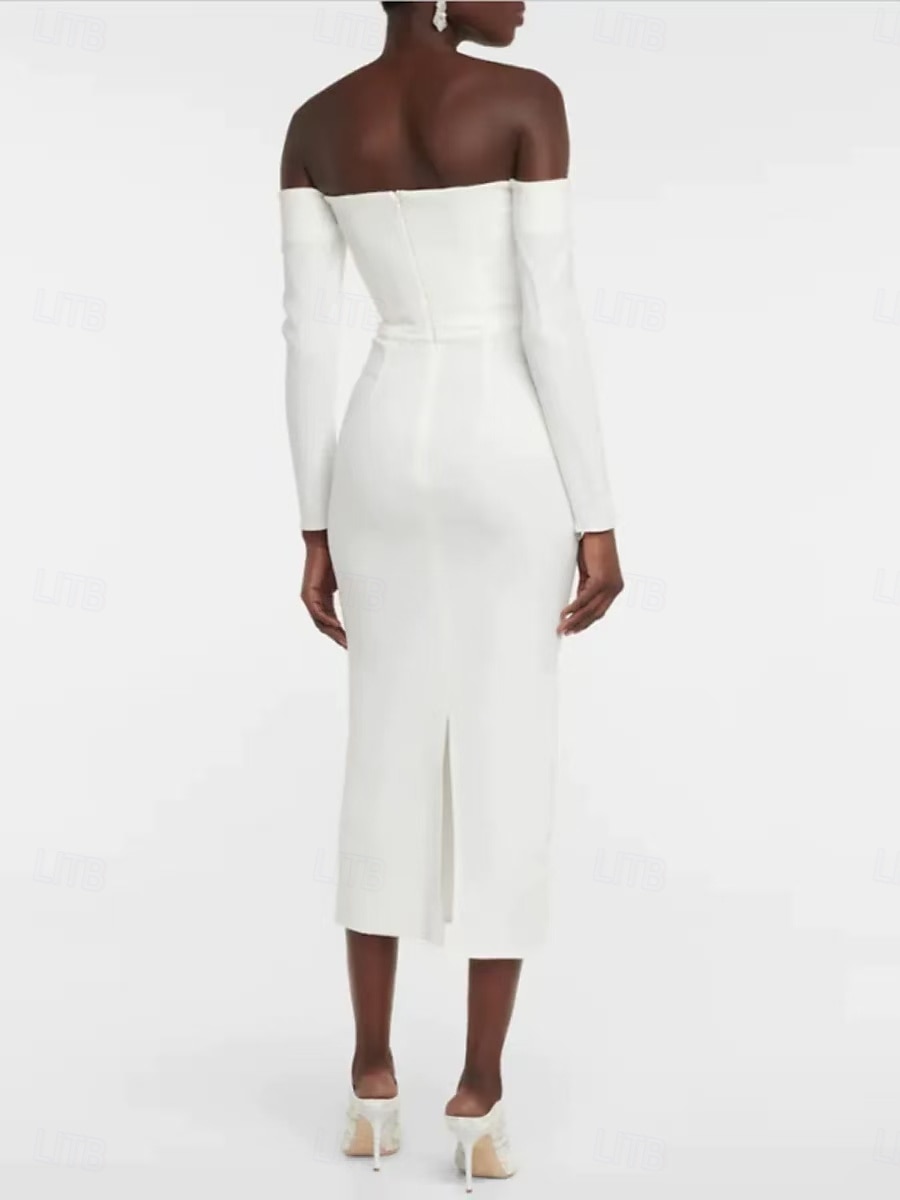 Robe blanche de réception petites robes boho robes de mariage fourreau  colonne épaules nues à manches 3/4 longueur thé en tissu extensible costumes de mariée robes de mariée avec drapés couleur unie de 2025 ? $176.99 –P2