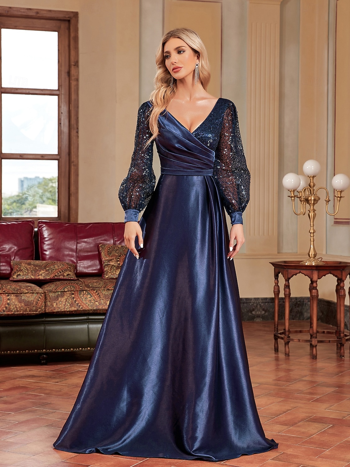 A-Line Evening Gown Elegant Dress Wedding Guest Evening Party Floor Length Long Bubble Sleeve V Neck Satin With Glitter 2025 2025 - $133.99 –P4