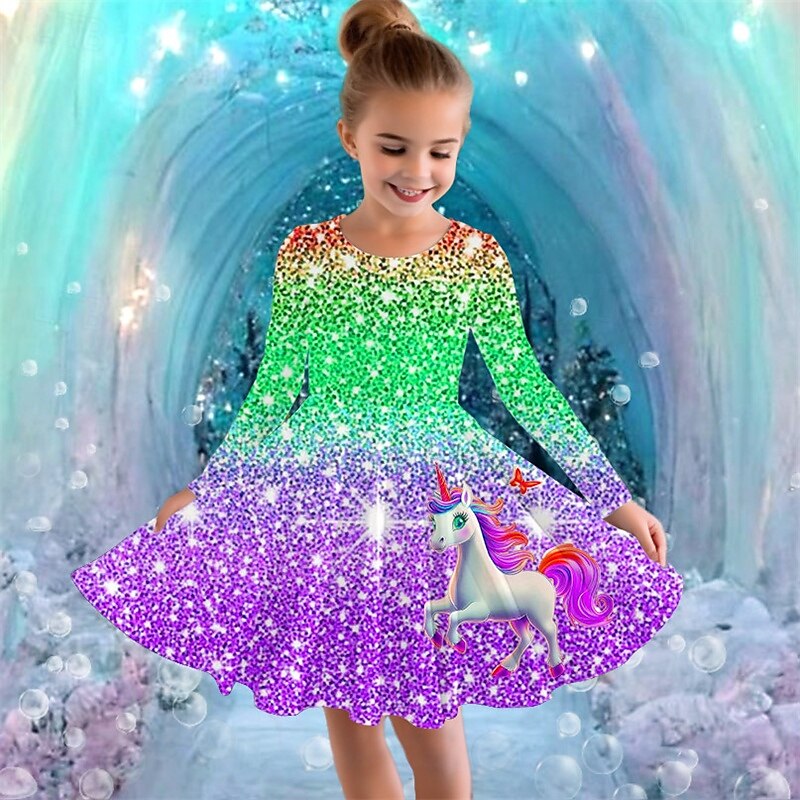 Flickor 3D Grafisk Enhörnings Klänning Långärmad Sommar Vår Semester Dagligen Helgdag Prinsessa Skön Ljuv Barn 4-12 år Vardagsklänning A linjeklänning Knälång Normal 2025 - $16.99 –P2
