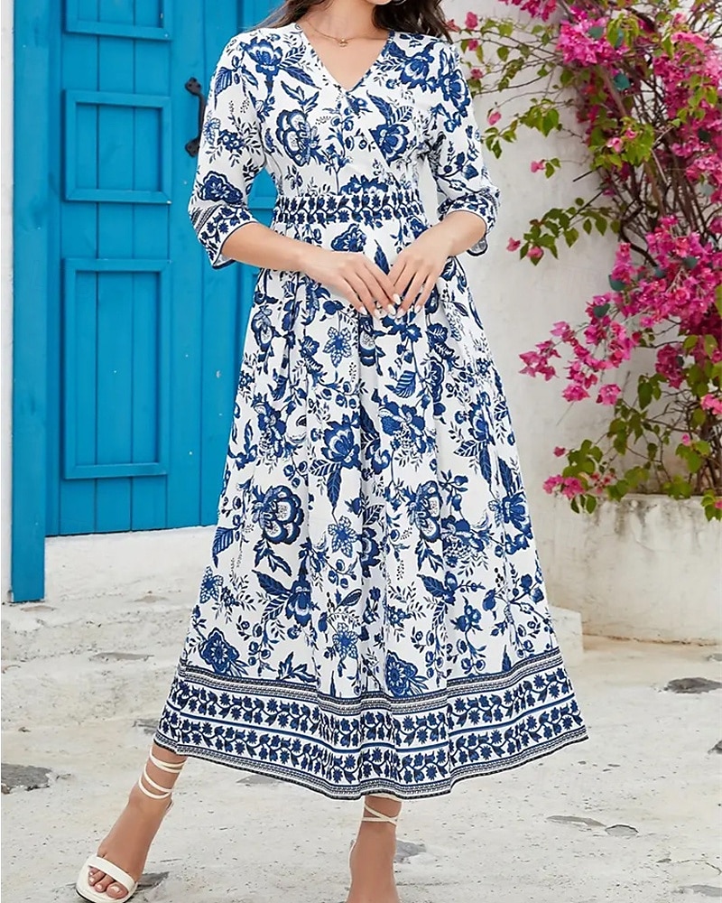 Dámské Midi šaty Áčkové šaty Letní šaty Boho šaty Elegantní stylové Geleneksel Dovolená Denní Rande Běžný Květinový 3/4 délka rukávu Do V Vodní modrá Léto 2025 - $25.99 –P5