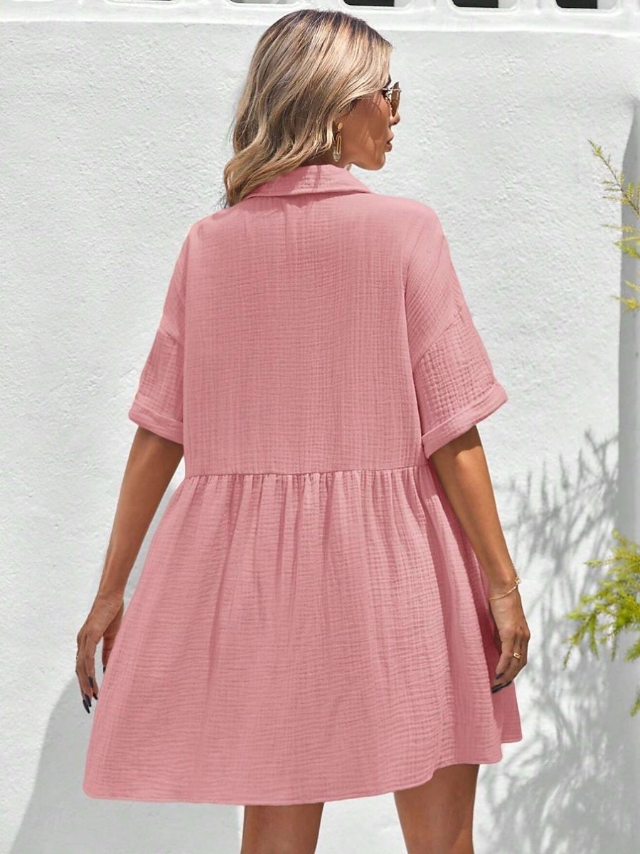 Robe-chemise courte pour femme, basique, décontractée, pour le quotidien, les vacances, coupe classique, manches courtes, col, noir, rose, abricot, été de 2026 ? $31.99 –P11