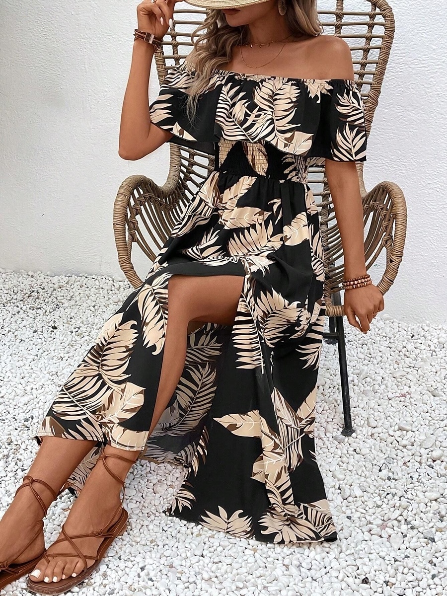 Per donna Vestito maxi Abito casual Abito linea A Moda Informale Da mare Giornaliero Standard A foglia Manica corta Senza spalline Nero Estate del 2025 a $43.99 –P5