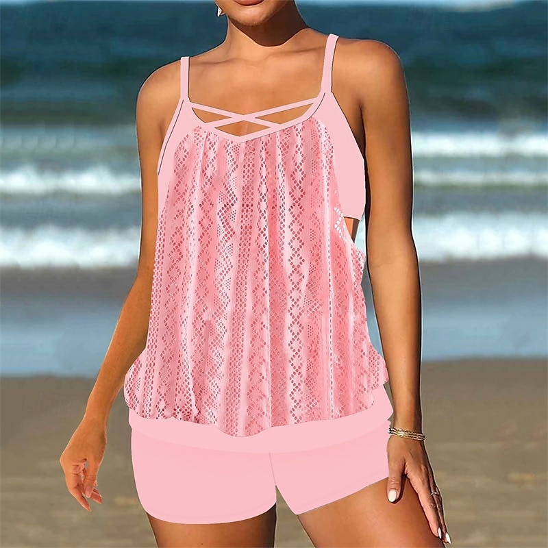 Women's Tankini Two Piece Swimsuit Racerback Swimwear Swimwear Light Pink Black / White Breathable Quick Dry Lightweight Sleeveless - Swimming Surfing Beach Summer Spring Plus Size 2025 - $26.99 –P19